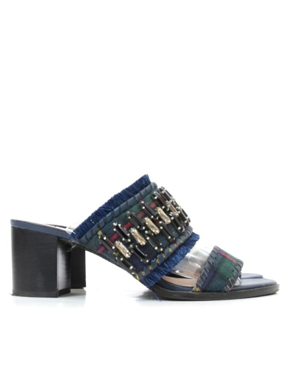 Jack Rogers BEATRIX Women's‎ 7.5 Bejeweled Navy Plaid Block Heel Slip On Sandals